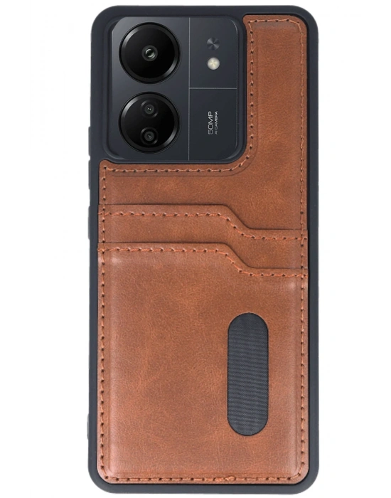 Newface Xiaomi Redmi 13C Kılıf Sara Kartvizitli Deri Kılıf - Taba