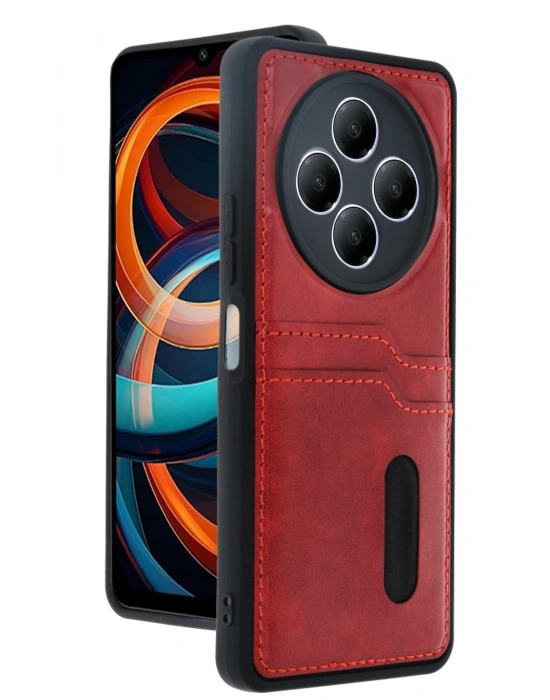 Newface Xiaomi Redmi 14C Kılıf Sara Kartvizitli Deri Kılıf - Kırmızı