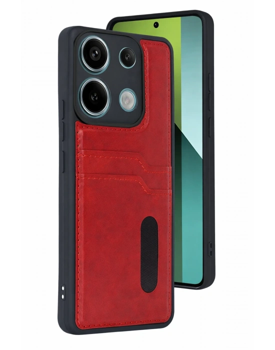 Newface Xiaomi Redmi 15C 4G Sara Kartvizitli Deri Kılıf - Kırmızı