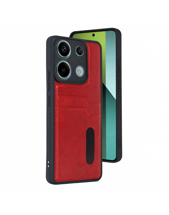 Newface Xiaomi Redmi 15C 4G Sara Kartvizitli Deri Kılıf - Kırmızı