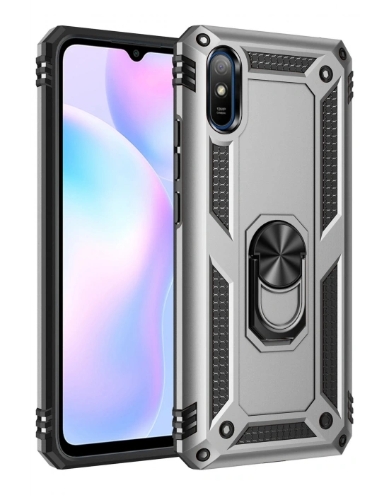 Newface Xiaomi Redmi 9A Kılıf Sofya Yüzüklü Silikon Kapak - Gümüş