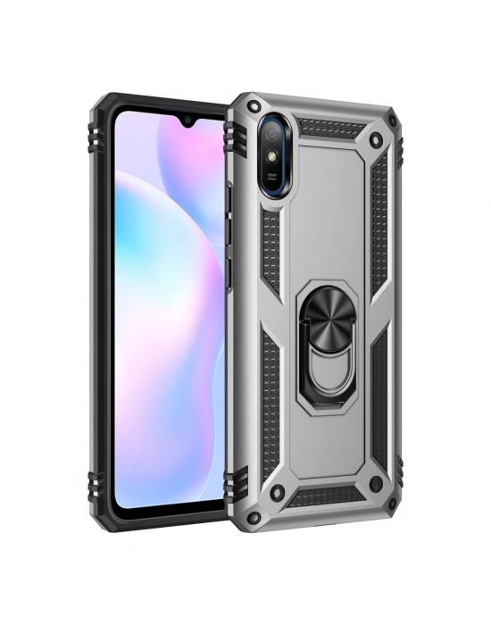 Newface Xiaomi Redmi 9A Kılıf Sofya Yüzüklü Silikon Kapak - Gümüş