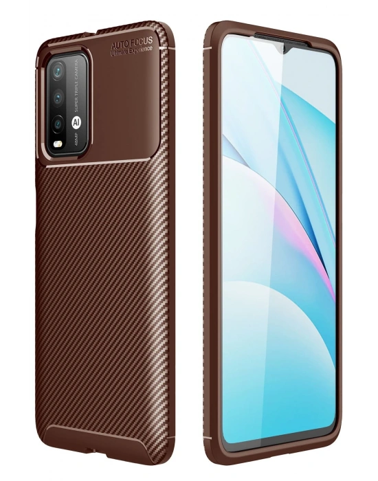 Newface Xiaomi Redmi 9T Kılıf Auto Focus Karbon Kapak - Kahverengi