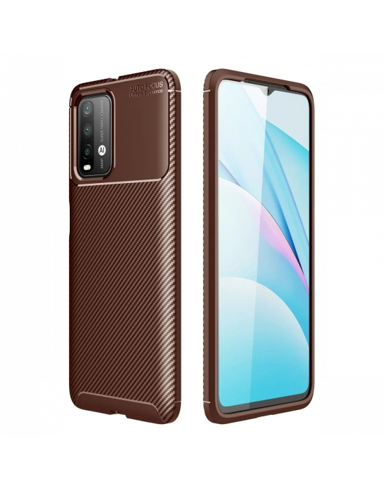 Newface Xiaomi Redmi 9T Kılıf Auto Focus Karbon Kapak - Kahverengi