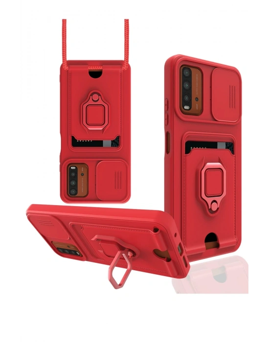 Newface Xiaomi Redmi 9T Kılıf Zuma Kartvizitli Yüzüklü Silikon - Kırmızı