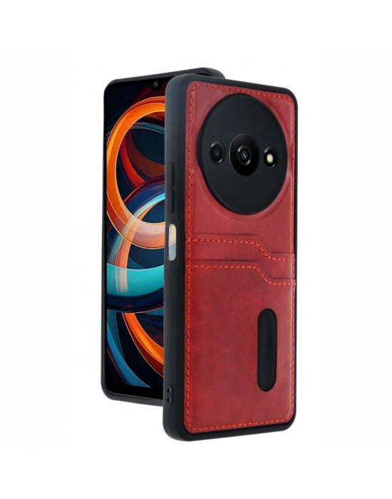 Newface Xiaomi Redmi A3 4G Kılıf Sara Kartvizitli Deri Kılıf - Kırmızı