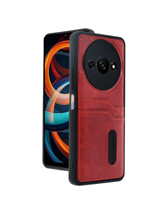 Newface Xiaomi Redmi A3 4G Kılıf Sara Kartvizitli Deri Kılıf - Kırmızı