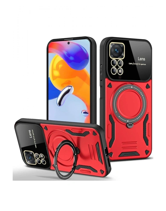 Newface Xiaomi Redmi Note 11 Pro Kılıf Joy Lens Standlı Kapak - Kırmızı