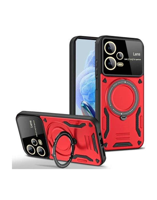 Newface Xiaomi Redmi Note 12 Pro 5G Kılıf Joy Lens Standlı Kapak - Kırmızı