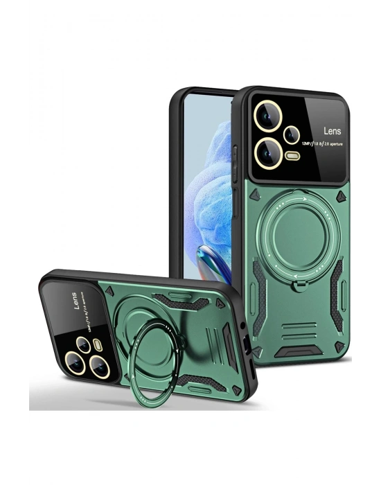 Newface Xiaomi Redmi Note 12 Pro 5G Kılıf Joy Lens Standlı Kapak - Koyu Yeşil