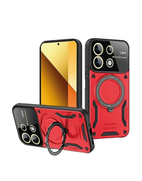 Newface Xiaomi Redmi Note 13 4G Kılıf Joy Lens Standlı Kapak - Kırmızı