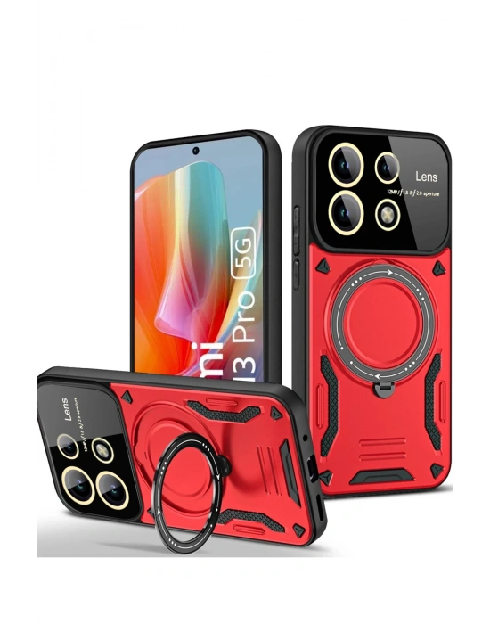 Newface Xiaomi Redmi Note 13 Pro 5G Kılıf Joy Lens Standlı Kapak - Kırmızı