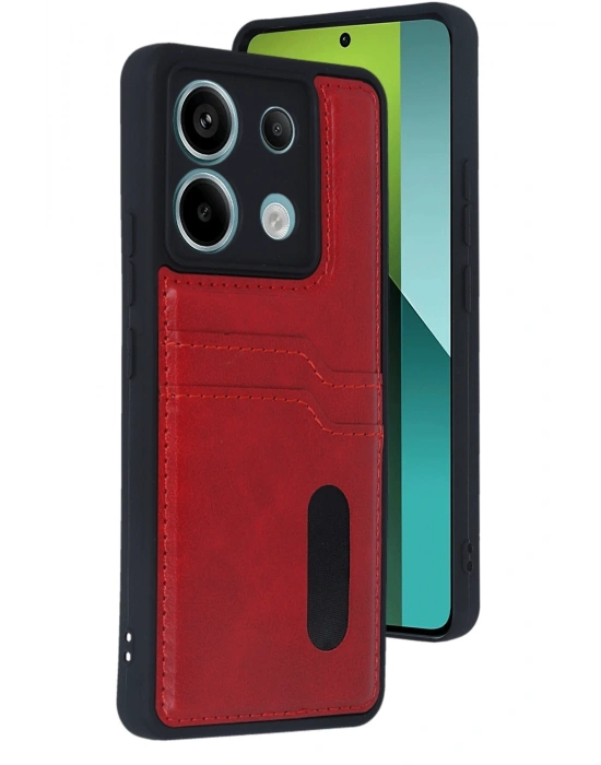 Newface Xiaomi Redmi Note 13 Pro 5G Kılıf Sara Kartvizitli Deri Kılıf - Kırmızı