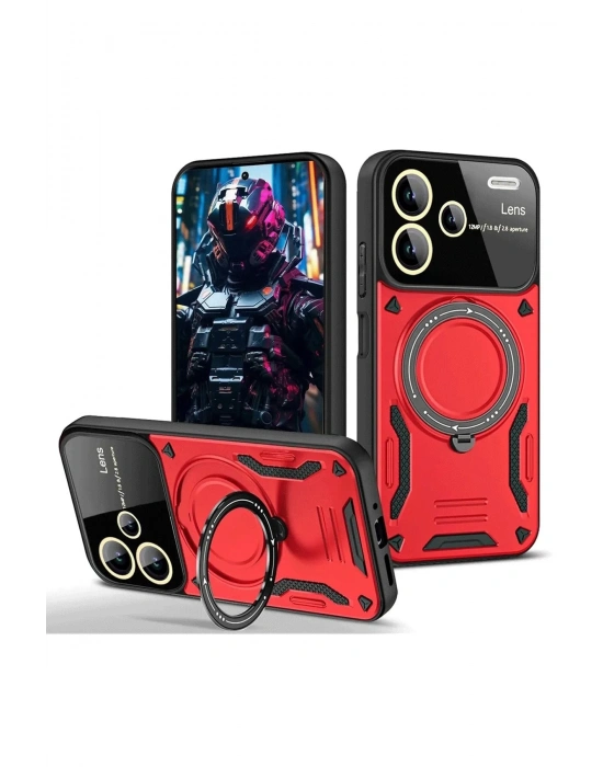 Newface Xiaomi Redmi Note 13 Pro Plus Joy Lens Standlı Kapak - Kırmızı