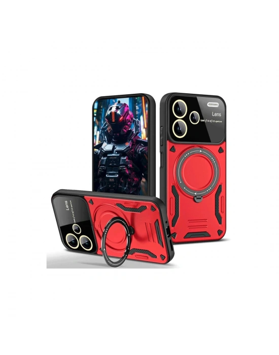 Newface Xiaomi Redmi Note 13 Pro Plus Joy Lens Standlı Kapak - Kırmızı