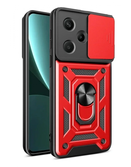 Newface Xiaomi Redmi Note 13 Pro Plus Kılıf Pars Lens Yüzüklü Silikon - Kırmızı