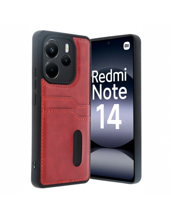 Newface Xiaomi Redmi Note 14 4G Kılıf Sara Kartvizitli Deri Kılıf - Kırmızı