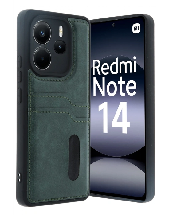 Newface Xiaomi Redmi Note 14 4G Kılıf Sara Kartvizitli Deri Kılıf - Koyu Yeşil