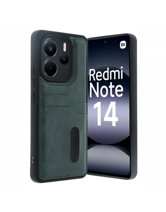 Newface Xiaomi Redmi Note 14 4G Kılıf Sara Kartvizitli Deri Kılıf - Koyu Yeşil