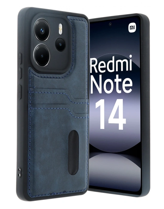 Newface Xiaomi Redmi Note 14 4G Kılıf Sara Kartvizitli Deri Kılıf - Lacivert
