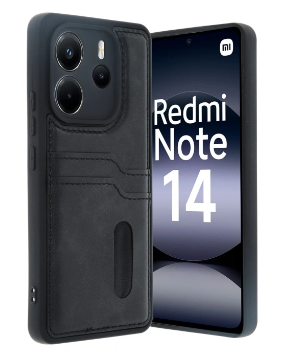 Newface Xiaomi Redmi Note 14 4G Kılıf Sara Kartvizitli Deri Kılıf - Siyah