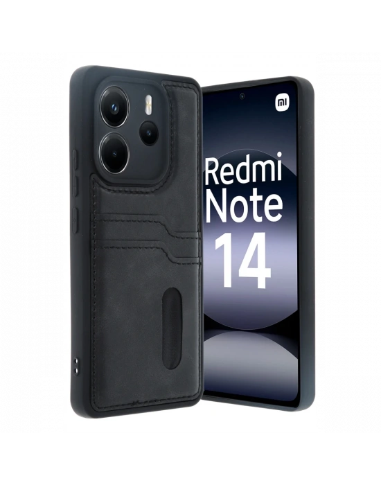 Newface Xiaomi Redmi Note 14 4G Kılıf Sara Kartvizitli Deri Kılıf - Siyah