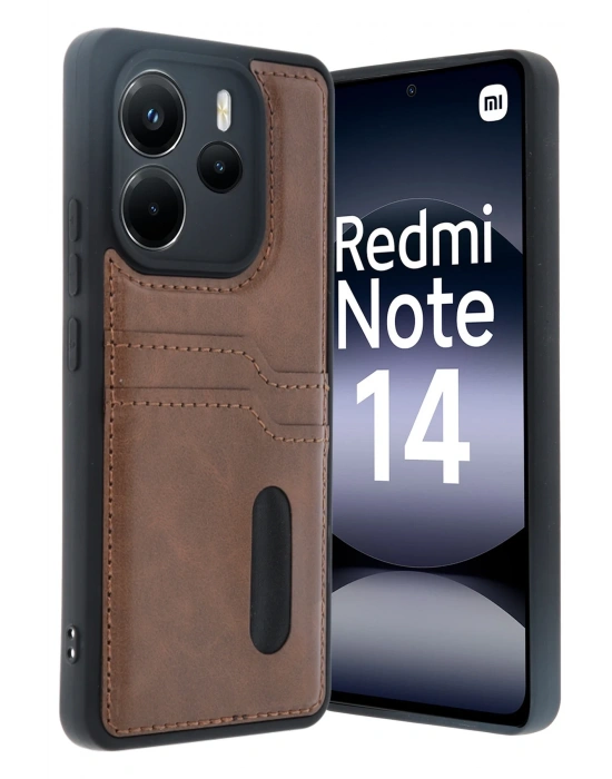 Newface Xiaomi Redmi Note 14 4G Kılıf Sara Kartvizitli Deri Kılıf - Taba