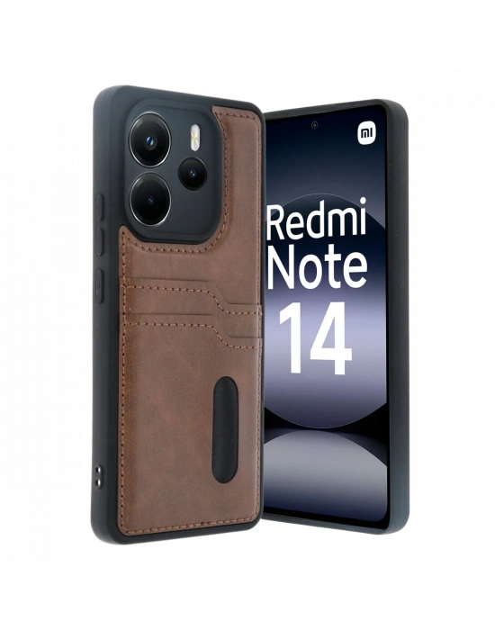 Newface Xiaomi Redmi Note 14 4G Kılıf Sara Kartvizitli Deri Kılıf - Taba