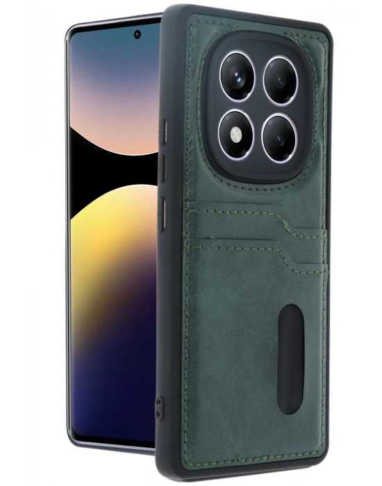 Newface Xiaomi Redmi Note 14 Pro 4G Kılıf Sara Kartvizitli Deri Kılıf - Koyu Yeşil