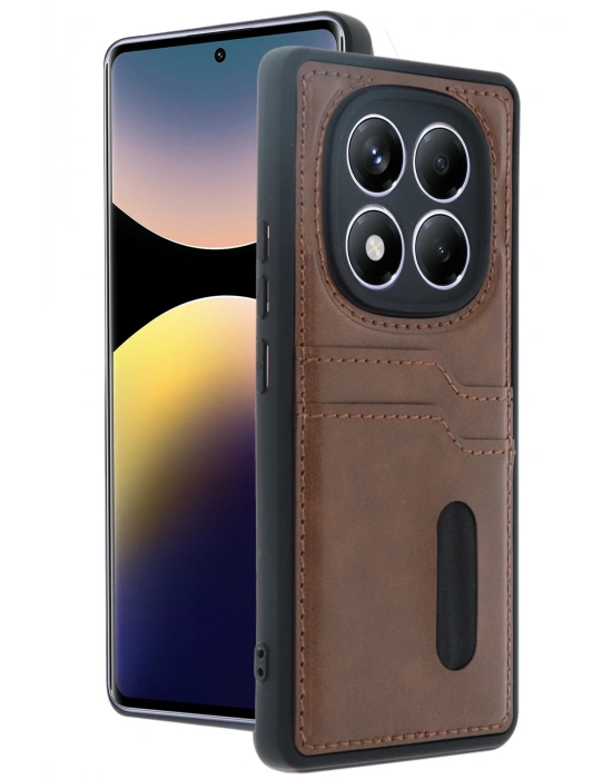 Newface Xiaomi Redmi Note 14 Pro 4G Kılıf Sara Kartvizitli Deri Kılıf - Taba