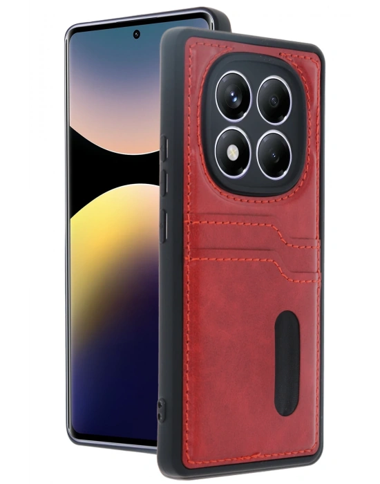 Newface Xiaomi Redmi Note 14 Pro 5G Kılıf Sara Kartvizitli Deri Kılıf - Kırmızı