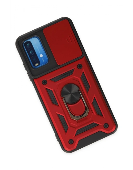 Newface Xiaomi Redmi Note 9 4G Kılıf Pars Lens Yüzüklü Silikon - Kırmızı