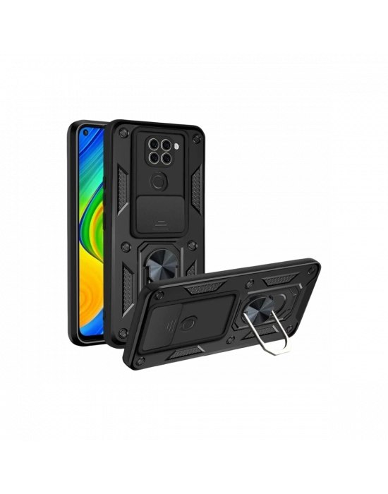 Newface Xiaomi Redmi Note 9 4G Kılıf Pars Lens Yüzüklü Silikon - Siyah