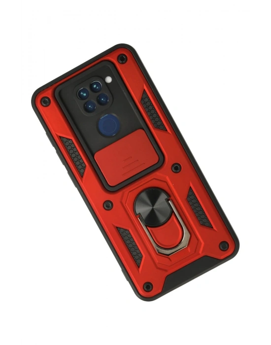 Newface Xiaomi Redmi Note 9 Kılıf Pars Lens Yüzüklü Silikon - Kırmızı