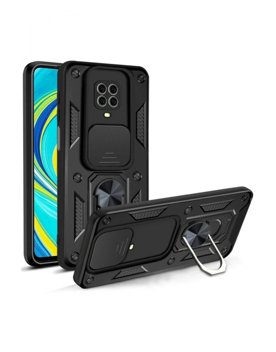 Newface Xiaomi Redmi Note 9 Pro Kılıf Pars Lens Yüzüklü Silikon - Siyah