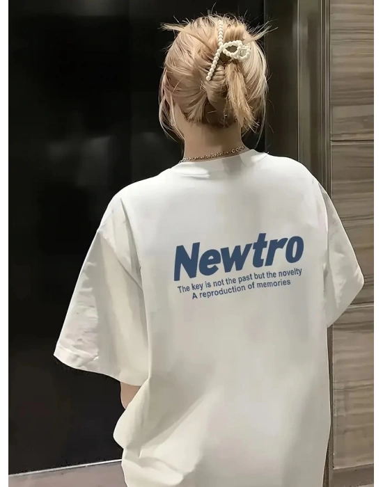Newtro Baskılı Oversize Bisiklet Yaka T-shirt - Beyaz