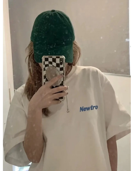 Newtro Baskılı Oversize Bisiklet Yaka T-shirt - Beyaz