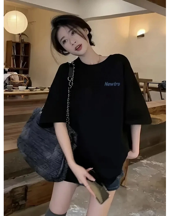 Newtro Baskılı Oversize Bisiklet Yaka T-shirt - Siyah