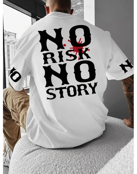 No Risk No Story Baskılı Oversize Bisiklet Yaka T-shirt - Beyaz