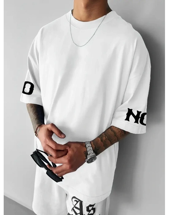 No Risk No Story Baskılı Oversize Bisiklet Yaka T-shirt - Beyaz