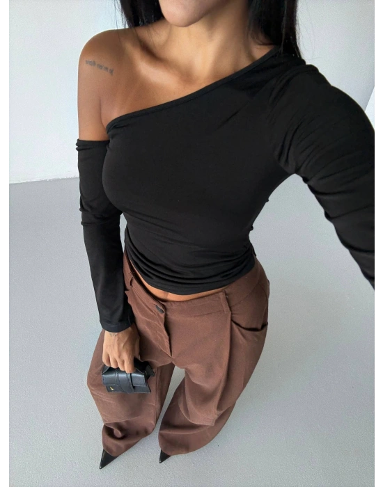 Omuz detaylı kollu bluz siyah f2336