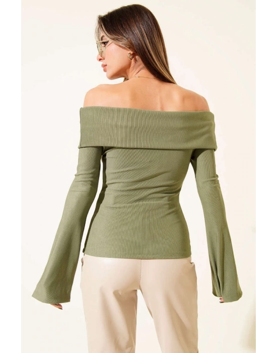 Omzu Açık Fermuarlı Bluz haki T4330