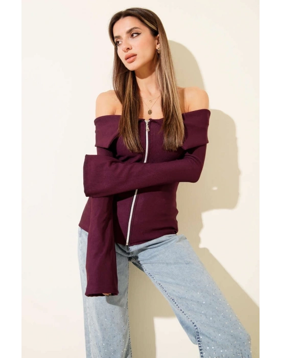 Omzu Açık Fermuarlı Bluz Mürdüm T4330