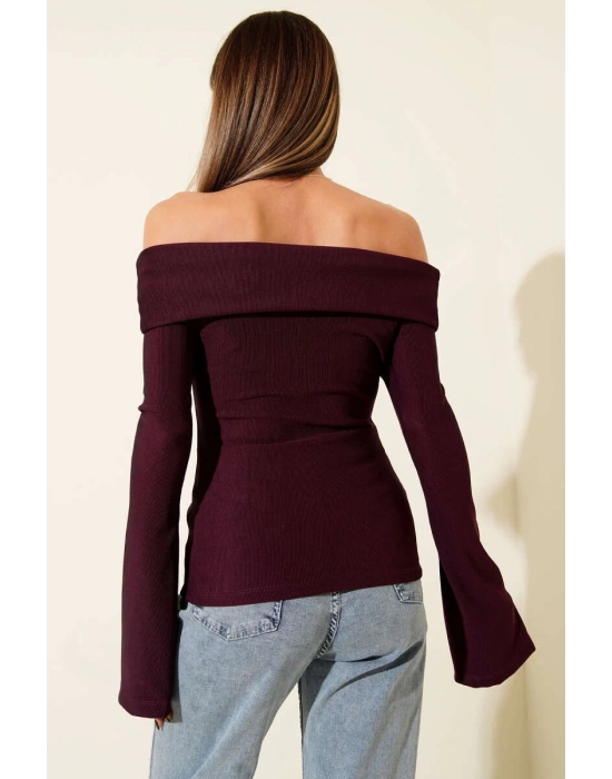 Omzu Açık Fermuarlı Bluz Mürdüm T4330