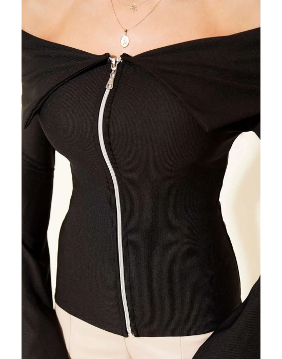 Omzu Açık Fermuarlı Bluz siyah T4330