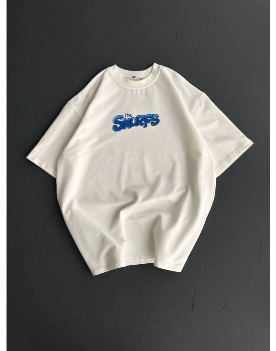 Ön ve Arka Baskılı Oversize Bisiklet Yaka T-shirt- Beyaz