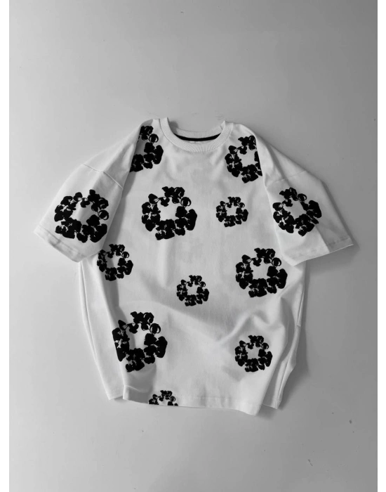 Ön ve Arka Baskılı Oversize Bisiklet Yaka T-shirt- Beyaz