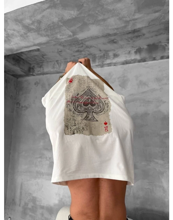 Ön ve Arka Baskılı Oversize Bisiklet Yaka T-shirt - Beyaz