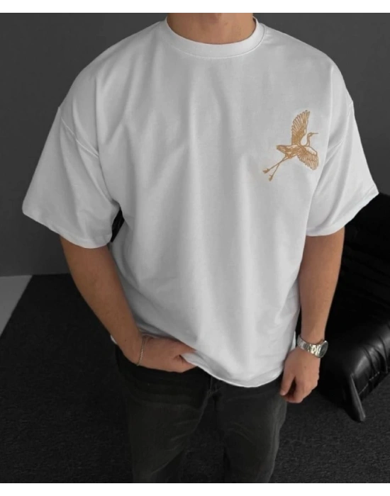 Ön ve Arka Baskılı Oversize Bisiklet Yaka T-shirt - Beyaz