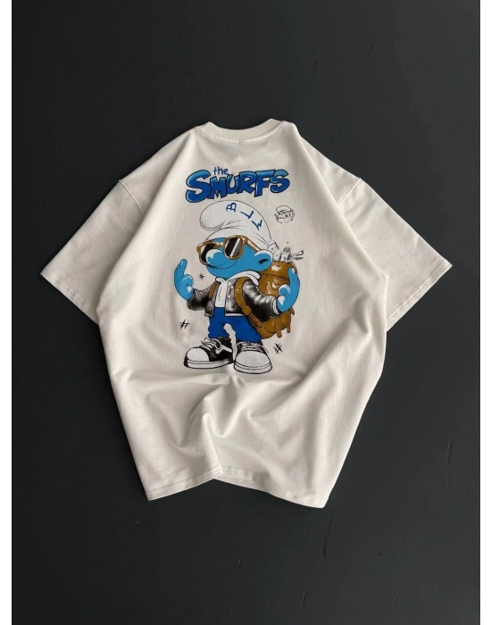 Ön ve Arka Baskılı Oversize Bisiklet Yaka T-shirt- Beyaz